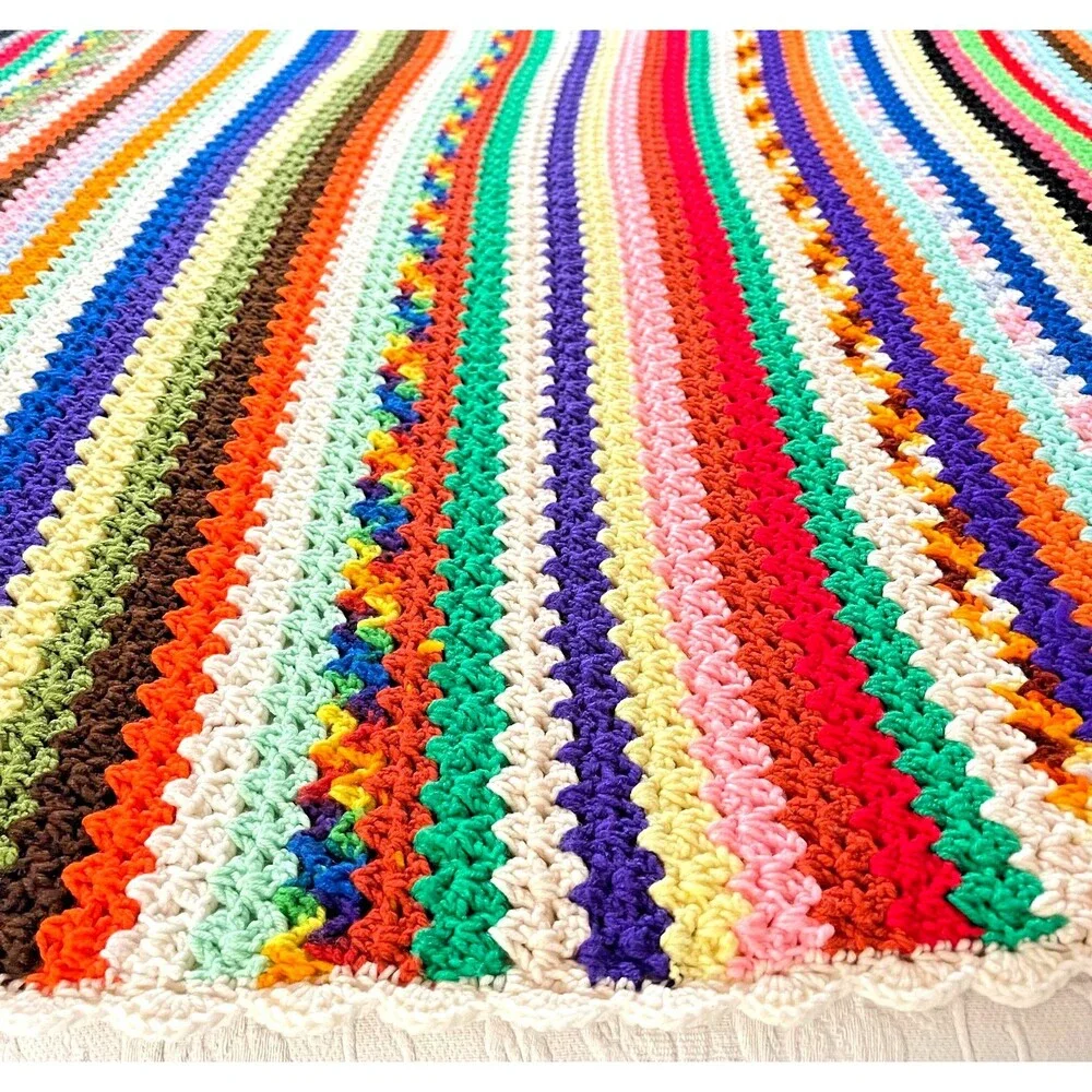VTG Handmade Afghan Crochet Multicolor Striped 